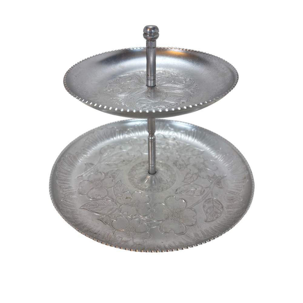 Vintage Hand Wrought Hammered Aluminum 2-Tier Serving Tray Floral Mid Century